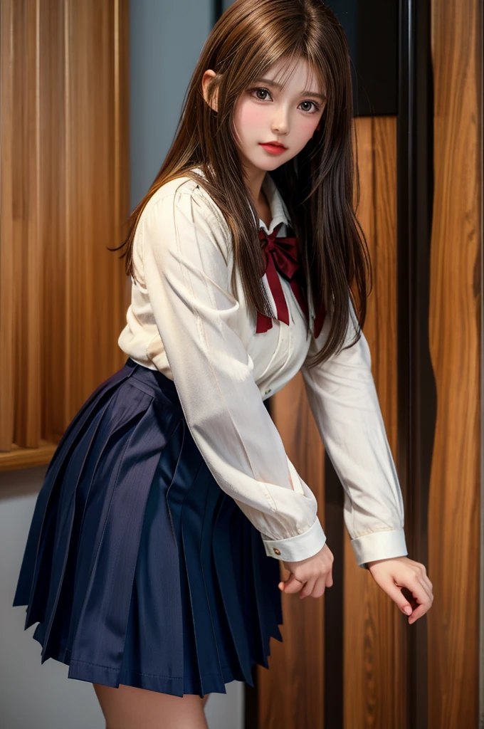 Highest quality,girl,high school girl,uniform,White blouse,Pleated skirt,Knee-high,Brown Hair,Brown eyes,Curly Hair,cute,