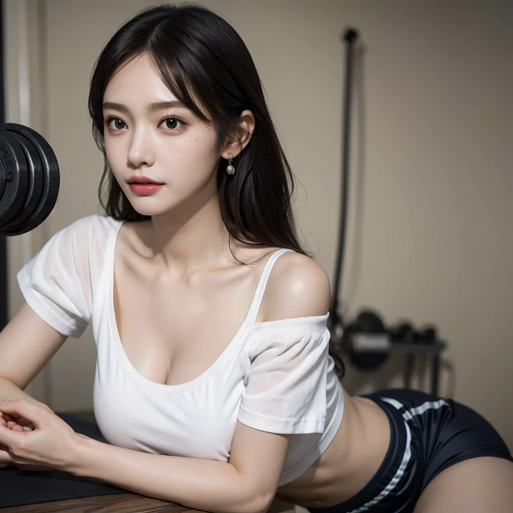 (very huge round breasts:1.5), (gym uniform:1.5), anatomically correct, extremely delicate and beautiful, masterpiece, Best Quality, ultra high resolution, 16k, hyperrealistic, ultra-detailed, Very detailed CG 8k wallpaper, Beautiful Lighting, Perfect Lightning, Realistic Shadows, super Detailed shiny skin, perfect figure, Japanese woman, late 20s, Slim body, Slim abdomen, very small head, handsome detailed woman, very detailed eyes and face, realistic face proportions, Stunning detailed eyes, Realistic beautiful face, very small face, Realistic small beautiful eyes, double eyelids, makeup, tearful mole, mole on chest, earring, short wavy hair, cleavage, bare legs, Soft midriff, Fine Collarbone, beautiful and very thin legs, beautiful and very thin thighs, off-shoulder, narrow waist,
