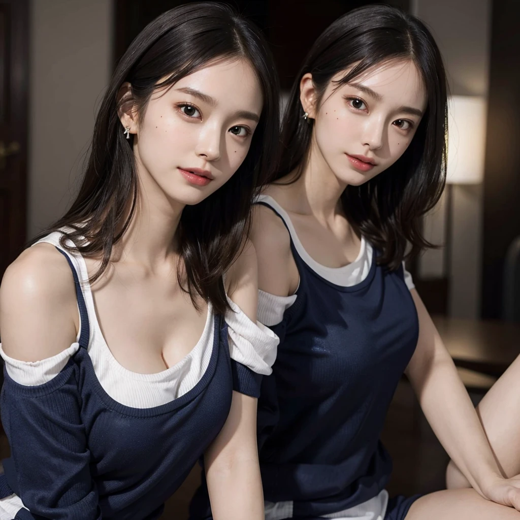 (very huge round breasts:1.3), (gym uniform:1.2), (anatomically correct:1.2), RAW photo, extremely delicate and beautiful, masterpiece, Best Quality, ultra high resolution, 16k, hyperrealistic, ultra-detailed, Very detailed CG 8k wallpaper, Beautiful Lighting, Perfect Lightning, Realistic Shadows, super Detailed shiny skin, perfect figure, Japanese woman, late 20s, Slim body, Slim abdomen, very small head, handsome detailed woman, very detailed eyes and face, realistic face proportions, Stunning detailed eyes, Realistic beautiful face, very small face, Realistic small beautiful eyes, double eyelids, makeup, tearful mole, mole on chest, earring, short wavy hair, cleavage, bare legs, Soft midriff, Fine Collarbone, beautiful and very thin legs, beautiful and very thin thighs, off-shoulder, narrow waist