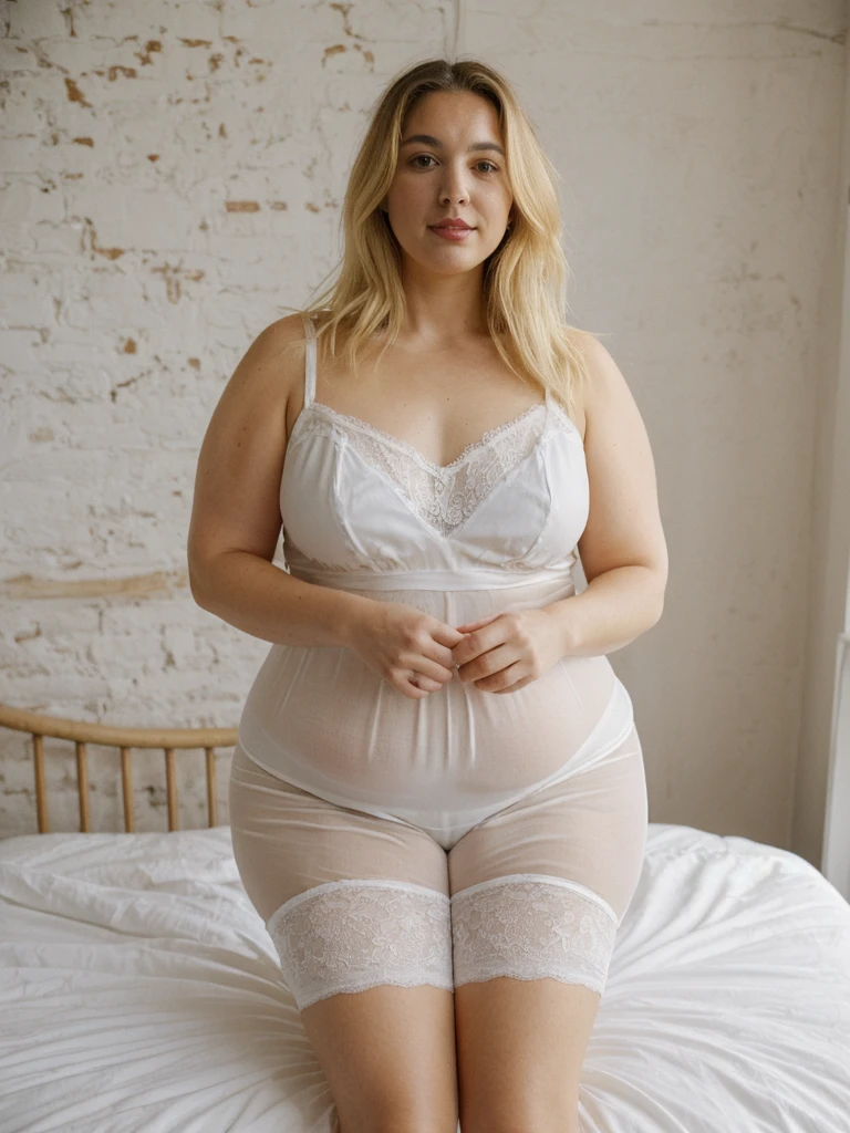 Xyrele, 1girl, solo, 30 years old, (((French face))), (((French nose))), (((French lips))), ((((chubby)))), (((wide hips))), (((blonde hair))), crinkly medium hair, wearing stylish white organza lingerie, ((Background: Loft in Russia)), ((upper body and upper legs))