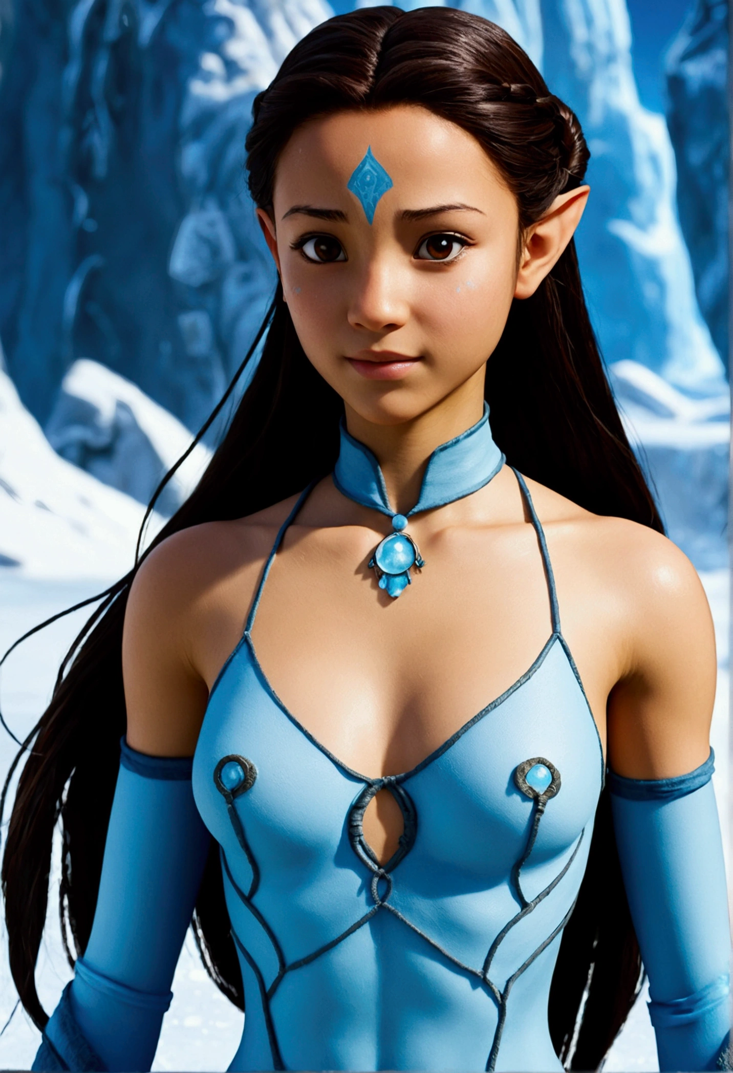 Generate the character Katara from Avatar , she is naked on the ice with her ass stuck out and wet, her breasts are medium and beautiful, like a refreshed girl, your skin is light brown