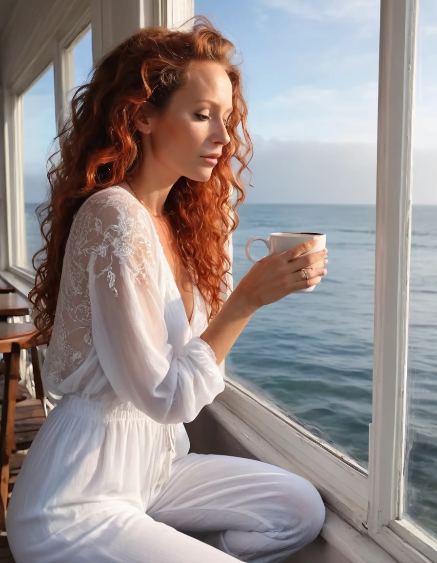 Renee Amberg, with her vibrant red curls cascading down the back of her perfectly tanned shoulders, was on a misty morning in a quaint seaside cafe, near the gray-blue sea, dressed in a stunning white jumpsuit embellished with intricate silver embroidery and a matching necklace, a hand resting on the window frame as she took a sip of her steaming cup of coffee while looking thoughtfully out at the vast ocean, capturing a moment of reflection and longing for the mysteries that lay beyond the shore. 