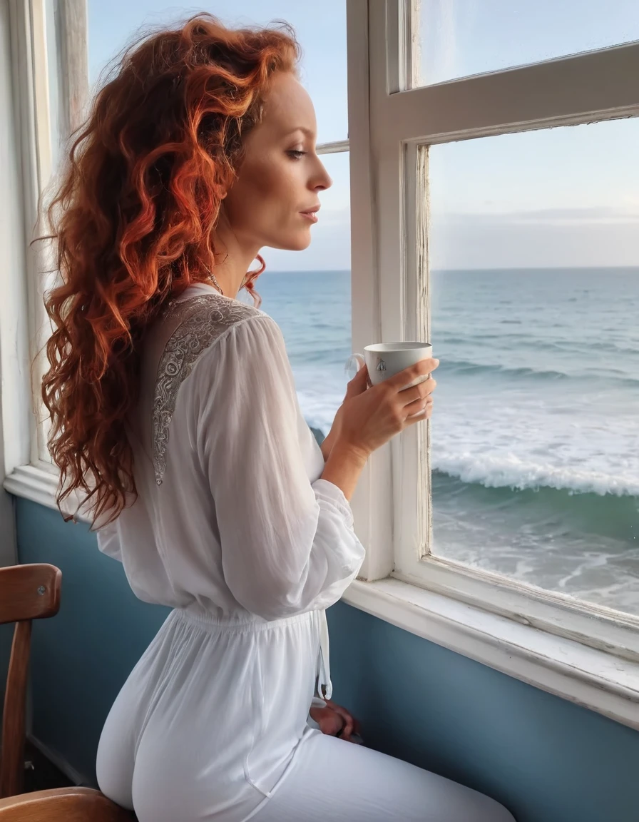 Renee Amberg, with her vibrant red curls cascading down the back of her perfectly tanned shoulders, was on a misty morning in a quaint seaside cafe, near the gray-blue sea, dressed in a stunning white jumpsuit embellished with intricate silver embroidery and a matching necklace, a hand resting on the window frame as she took a sip of her steaming cup of coffee while looking thoughtfully out at the vast ocean, capturing a moment of reflection and longing for the mysteries that lay beyond the shore. 