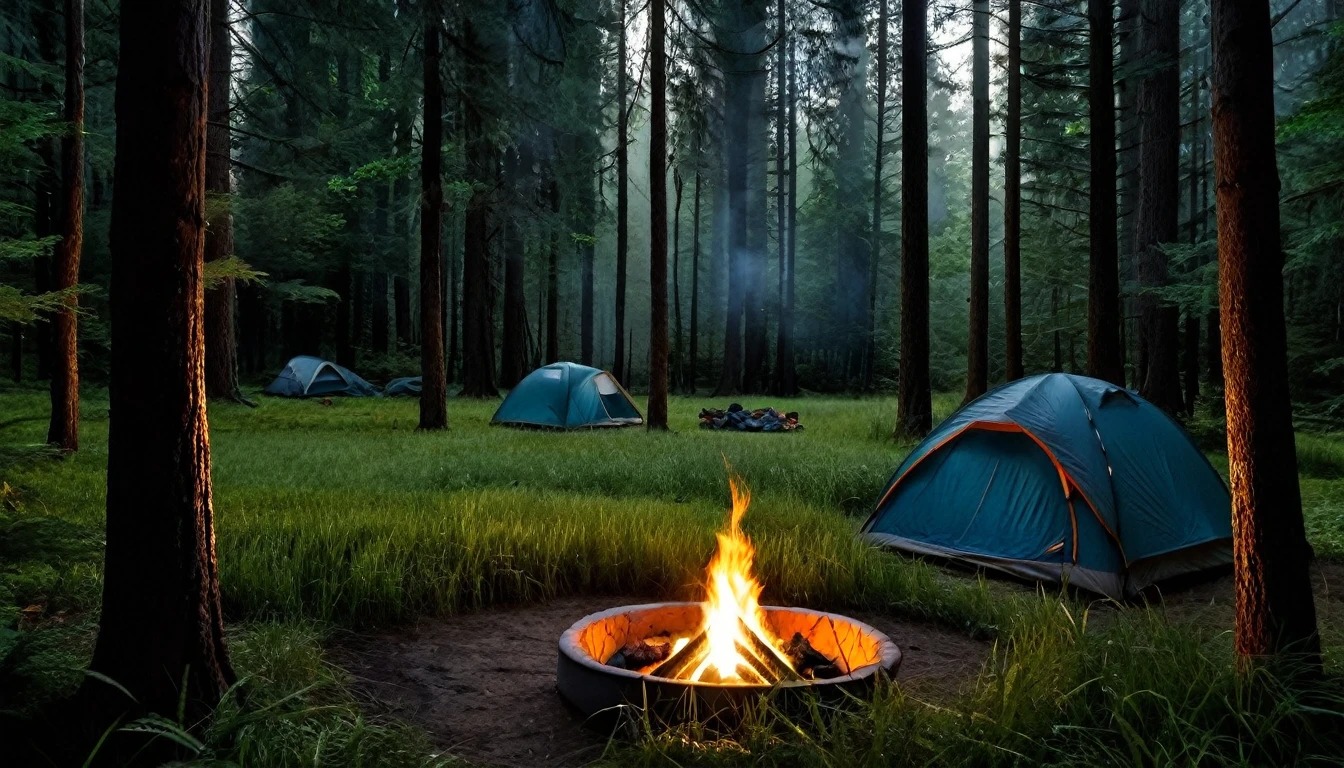 dark forest scene at night with tall trees surrounding a small grassy clearing. In the clearing, there are two lone camping tents set up in the tall grass and a fire pit between them. The atmosphere is tense and frightening, with shadows and dim firelight illuminating the scene.