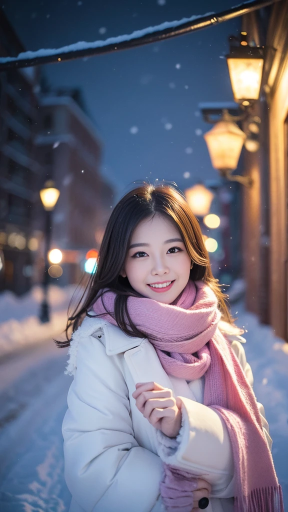 (Highest quality、masterpiece、8k、Best image quality、Hyperrealism、Award-winning works)、1 girl、(Elegant fur coat:1.1)、(The perfect pink scarf:1.1)、Soft and delicate light、Dramatic lighting、Romantic snowy night city、Romantic Christmas illuminations、Beautiful night view of a snowy city、The biggest smile looks at me、Sparkling fine snow、Beautiful snow reflecting light、Diamond dust、(Tyndall effect:1.1)、Beautiful snowy scenery、(that&#39;it&#39;s snowing:1.1)、(Snow in the hair:1.1)、Accurate ???????、(Face close-up:1.1)、Beautiful glossy lipstick, Natural Color、Natural Makeup、Glossy Lips、Ultra HD glossy skin、ultra high definition radiation, Beautiful Skin、Milky white moisturized skin、Beautiful Skin glow、超高精細のGlossy Lips、Ultra-high definition sparkling eyes、Beautiful perfect teeth in super high resolution、Please smile widely and show your beautiful teeth.