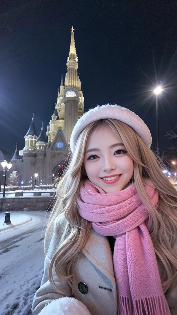 (Highest quality、masterpiece、8k、Best image quality、Hyperrealism、Award-winning works)、1 girl、(Elegant fur coat:1.1)、(The perfect pink scarf:1.1)、Soft and delicate light、Dramatic lighting、Romantic snowy night city、Romantic Christmas illuminations、Beautiful night view of a snowy city、The biggest smile looks at me、Sparkling fine snow、Beautiful snow reflecting light、Diamond dust、(Tyndall effect:1.1)、Beautiful snowy scenery、(that'it's snowing:1.1)、(Snow in the hair:1.1)、Accurate anatomy、(Face close-up:1.1)、Beautiful glossy lipstick, Natural Color、Natural Makeup、Glossy Lips、Ultra HD glossy skin、ultra high definition radiation, Beautiful Skin、Milky white moisturized skin、Beautiful Skin glow、超高精細のGlossy Lips、Ultra-high definition sparkling eyes、Beautiful perfect teeth in super high resolution、Please smile widely and show your beautiful teeth.