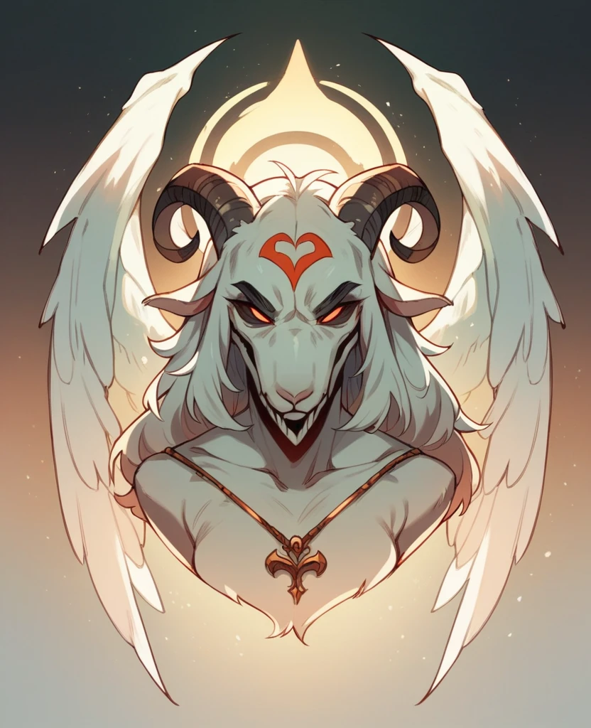 creature with goat mask, angel, devilish style, Holy Light,