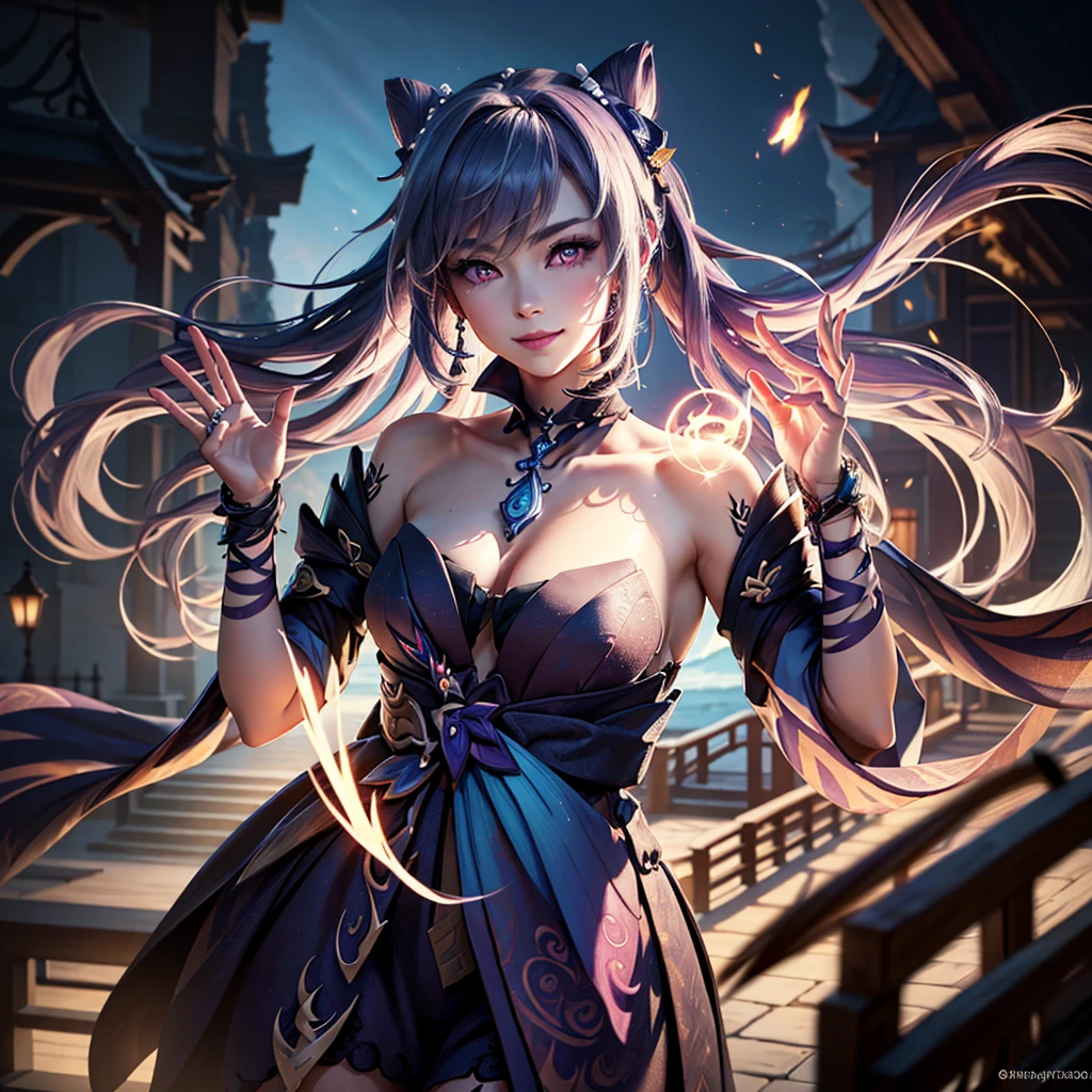 A highly detailed portrait of Keqing from Genshin Impact, standing in a night scene with colorful stars in the background, looking directly at the viewer with a warm, friendly smile, her hand reaching out towards the camera, (best quality,4k,8k,highres,masterpiece:1.2),ultra-detailed,(realistic,photorealistic,photo-realistic:1.37),cinematic lighting,intricate details,glowing eyes,flawless skin,elegant hairstyle,detailed jewelry,delicate facial features,dynamic pose,vibrant colors,fantasy,digital art