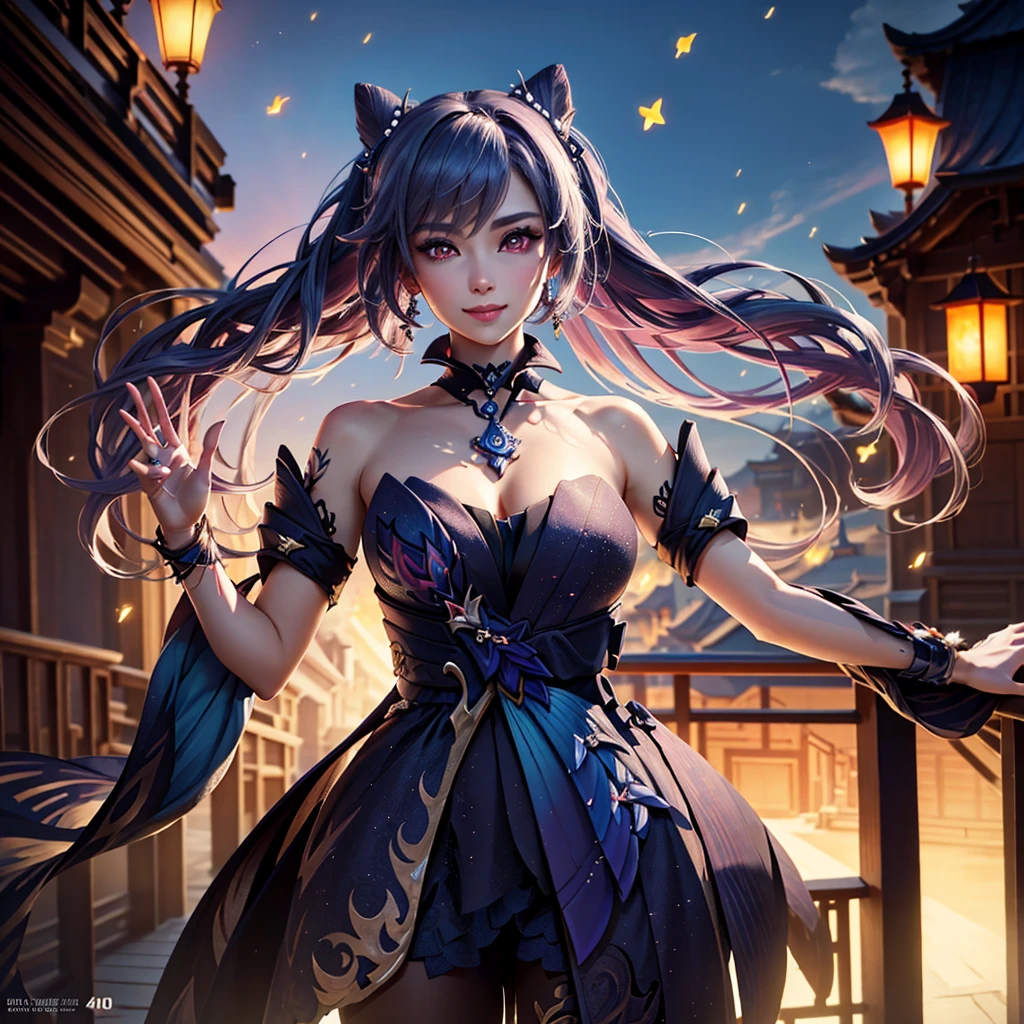 A highly detailed portrait of Keqing from Genshin Impact, standing in a night scene with colorful stars in the background, looking directly at the viewer with a warm, friendly smile, her hand reaching out towards the camera, (best quality,4k,8k,highres,masterpiece:1.2),ultra-detailed,(realistic,photorealistic,photo-realistic:1.37),cinematic lighting,intricate details,glowing eyes,flawless skin,elegant hairstyle,detailed jewelry,delicate facial features,dynamic pose,vibrant colors,fantasy,digital art