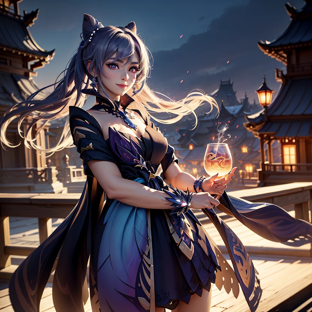 A highly detailed portrait of Keqing from Genshin Impact, standing in a night scene with colorful stars in the background, looking directly at the viewer with a warm, friendly smile, her hand reaching out towards the camera, (best quality,4k,8k,highres,masterpiece:1.2),ultra-detailed,(realistic,photorealistic,photo-realistic:1.37),cinematic lighting,intricate details,glowing eyes,flawless skin,elegant hairstyle,detailed jewelry,delicate facial features,dynamic pose,vibrant colors,fantasy,digital art