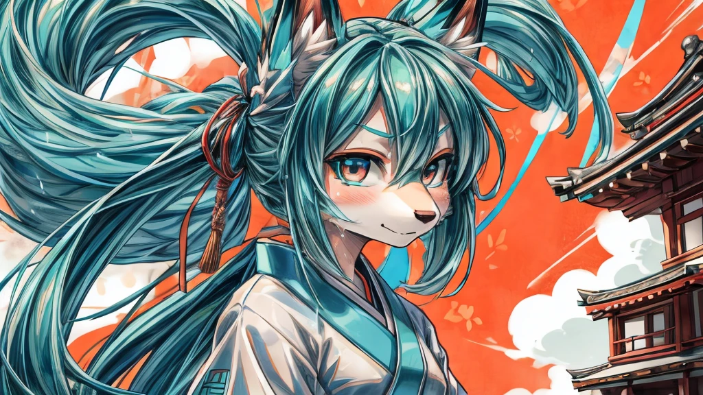 Japanese adolescent hatsune miku x kitsune , fox face elongated snout add-detail, Surprise face, sweaty body, heated add_detail,, shinobi warrior add_detail:1, Whole body, barefoot