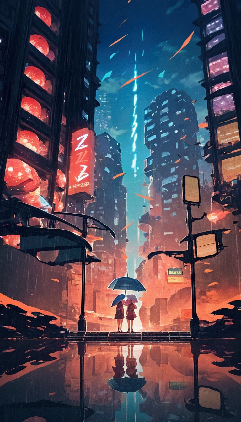 2 women away from the camera, wearing umbrellas, heavy rain, metropolitan city, aqua blue color theme