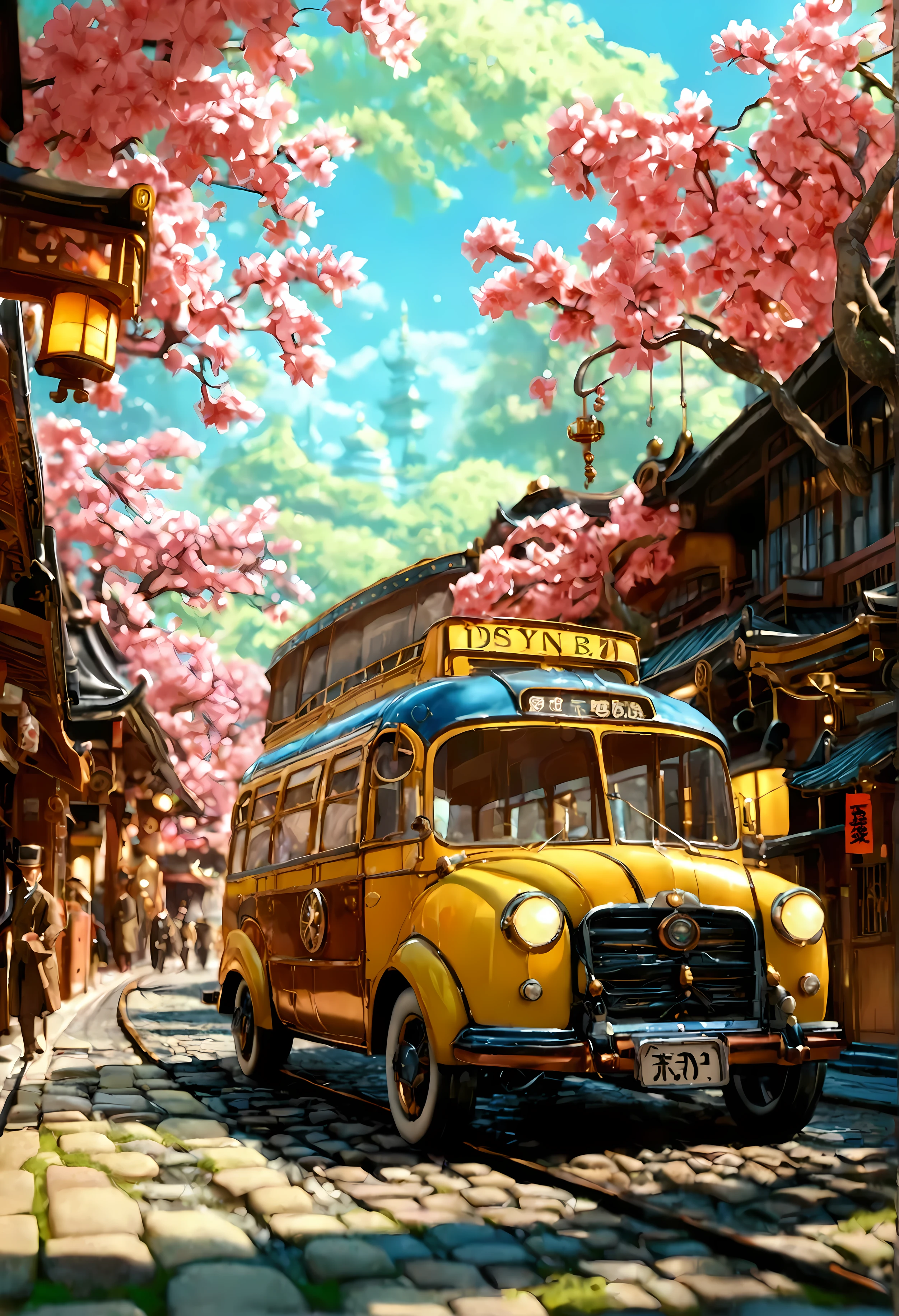 a yellow steampunk bus on a japanese street, highly detailed, photorealistic, 8k, hyperrealistic, masterpiece, volumetric lighting, cinematic atmosphere, intricate mechanical details, gears, brass, copper, glass, steam vents, ornate decorations, neon signs, traditional japanese architecture, cobblestone road, sakura trees, detailed people walking, dynamic composition, dramatic shadows and highlights