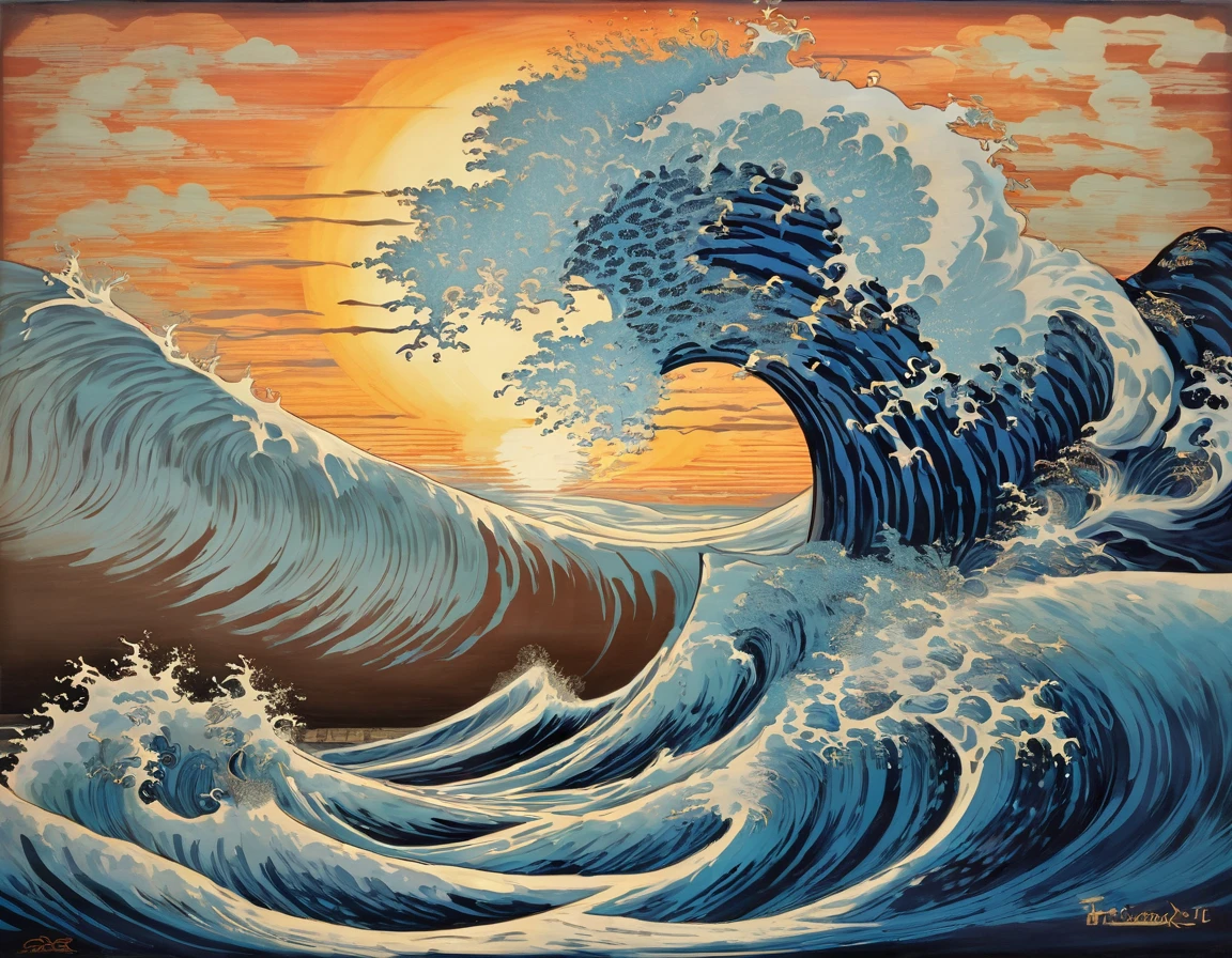 painting of a sunset over a large wave with a tori gate, inspired by Katsuchika Hokusai, inspired by Katsushika Hokusai, inspired by Hokusai, great wave of hokusai, great wave, the great wave off kanagawa, japanese art style, great wave off kanagawa, inspired by Utagawa Hiroshige II