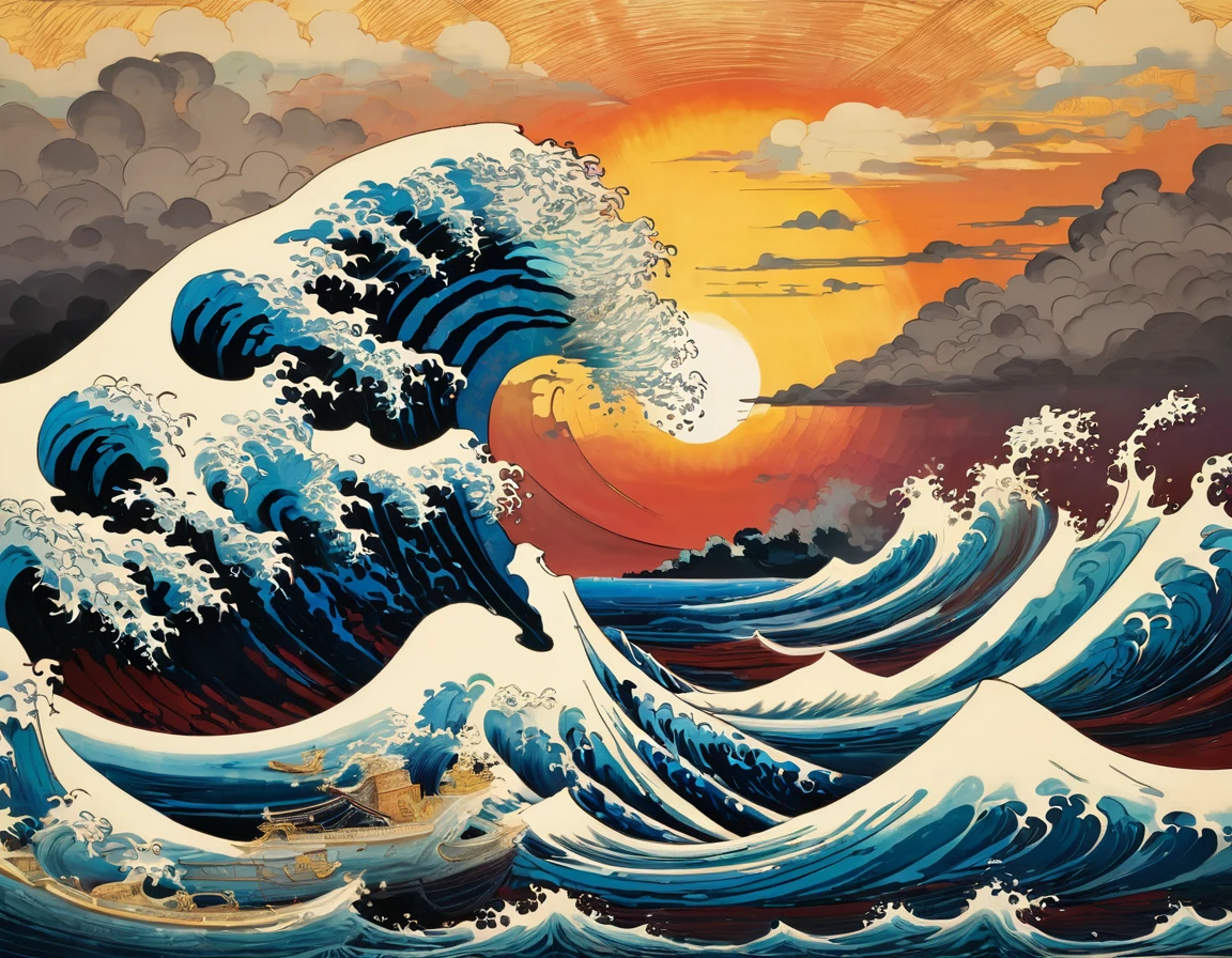 painting of a sunset over a large wave with a tori gate, inspired by Katsuchika Hokusai, inspired by Katsushika Hokusai, inspired by Hokusai, great wave of hokusai, great wave, the great wave off kanagawa, japanese art style, great wave off kanagawa, inspired by Utagawa Hiroshige II