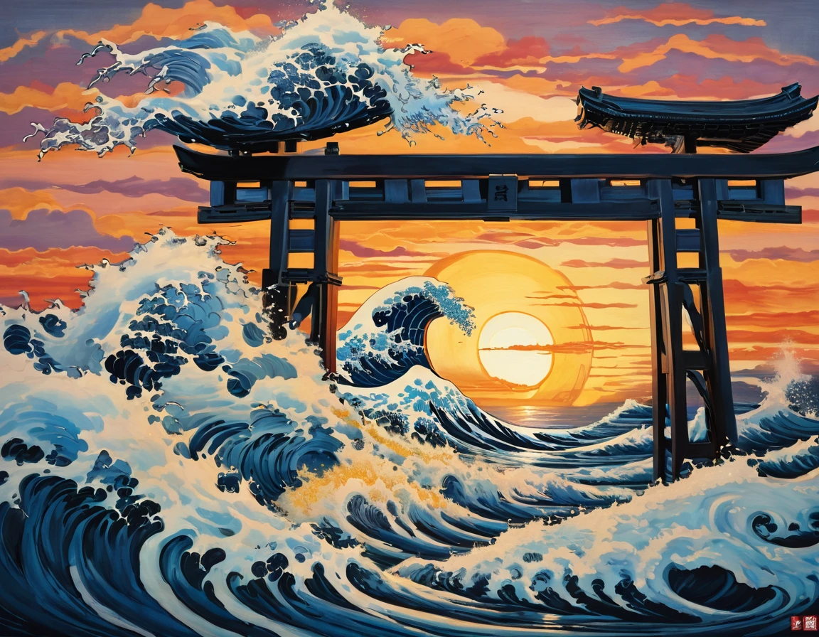 painting of a sunset over a large wave with a tori gate, inspired by Katsuchika Hokusai, inspired by Katsushika Hokusai, inspired by Hokusai, great wave of hokusai, great wave, the great wave off kanagawa, japanese art style, great wave off kanagawa, inspired by Utagawa Hiroshige II