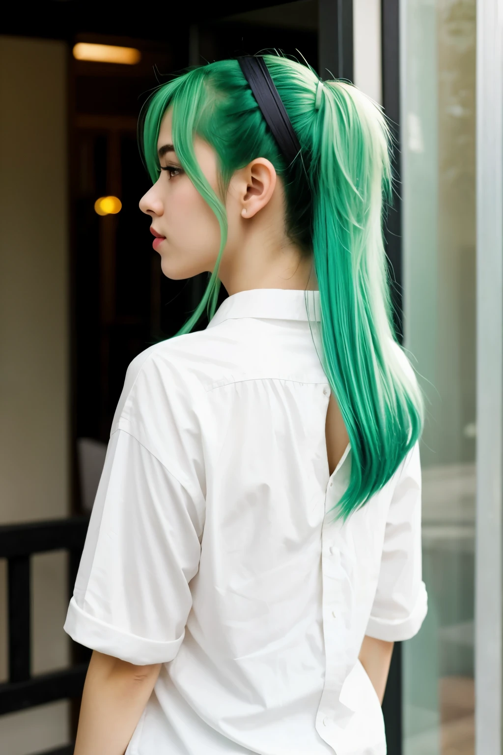 An anime girl with light green hair who has her back turned