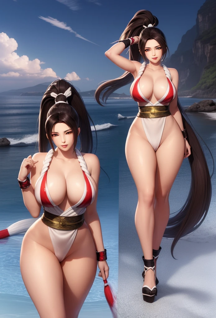 Masterpiece,Solo,One Girls,Mai Shiranui,(King Of Fighters),Big Breasts,Pussy,Perfect Body,Sexy Body Hot,Ultra High Quality,Ultra High Resolution,Photograph 8K,Long Hair Ponytails,Ultra Detailed,Beautiful,Beautiful Girls,Nude,Beach Background 