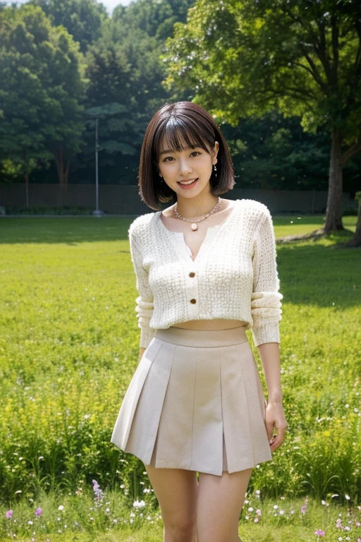 (RAW Photos:1.2), (Realistic:1.4),Beautiful detailed woman,非常にBeautiful Eyesと顔, Beautiful Eyes, Very detailedな,High resolution, Very detailed,Highest quality,Unified,8k wallpaper,masterpiece,Highest quality,1 female,alone,rich,Whole Body Ezbian,Narrow waist,alone,（Beige knit blouse,skirt,High heels）,Pearl necklace、Pearl Earrings、 Bobcut,smile,open mouth ,Realistic,Flower Field