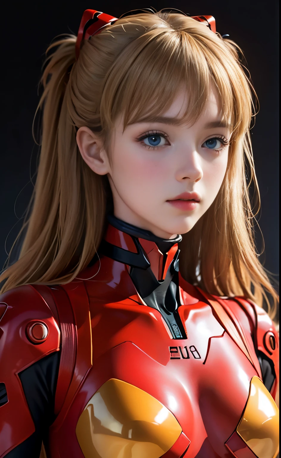 (masterpiece:1.4、Highest quality)、(Intricate details)、Unity8k wallpaper、Ultra-detailed、Beautiful and mysterious、Detailed Background、Realistic、solo、Perfectly detailed face、Detailed blue eyes、Very detailed、blush、hair ornamentahogany Hair Chignon、(Blonde)、Plug Suit 02,Shikinami Asuka Langley、Evangelion、Looking into the camera、Look forward、cute、(Beautiful thighs)、Full Body Suit、Black Background、Large Breasts