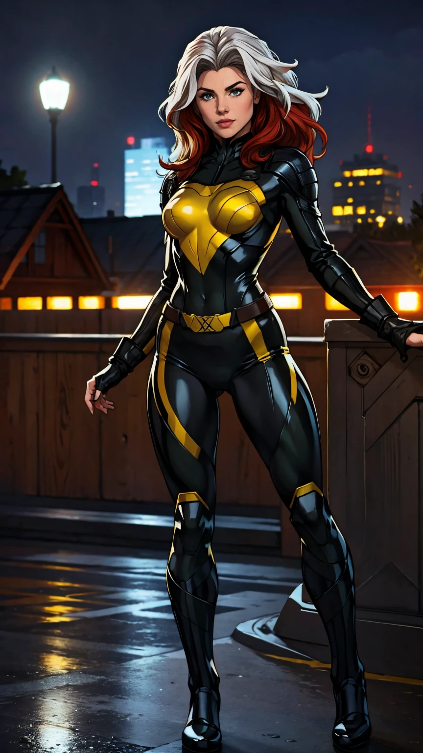 ((Full body photo, standing, feet on the ground)) (best quality, 4k, 8k, high resolution, masterpiece: 1,2), ultra-detailed, fishnet tights, (realistic, photorealistic, photorealistic: 1, 37), full body photo, Rogue, X-Men, yellow high boots, beauty pose, standing, show feet, outside, city roof at night, black and white uniform

