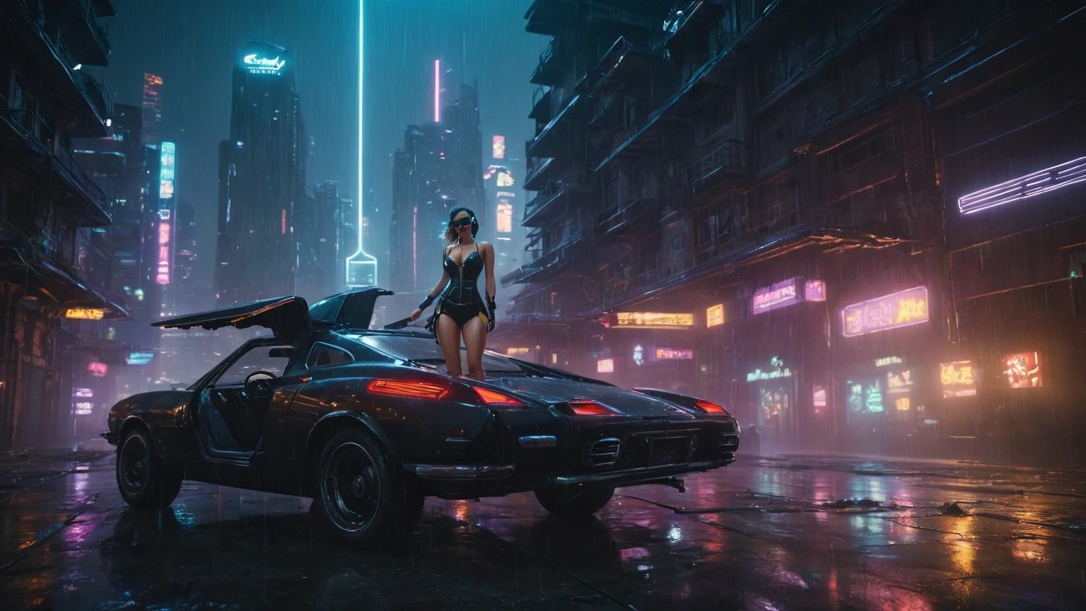 (aerial view, a flying cars docking platform, a very dark abandoned futuristic city, neon lights), rainy night. 1girl, solo, alone, large-breast:1.2 slim body, cleavage:1.1, sexy wind blowing wet dress:1.4, (headphone, black sunglasses), (((((she raised:1.8 a pistol:1.8 and took aim))))), dynamic pose, (((half-body thigh level medium shot))), cinematic lighting, lens flare, ray tracing.