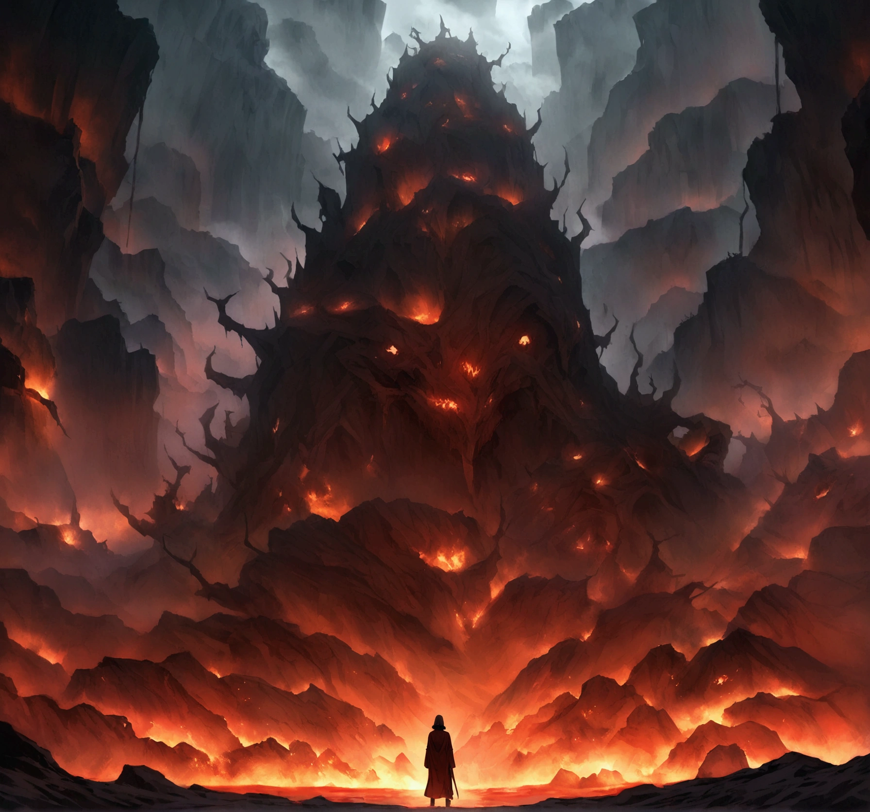 Create an image of a hospital patient in the underworld, inspired by the depictions of Hell in Dante's Inferno from The Divine Comedy. The patient is dressed in tattered hospital attire, looking lost and tormented. Surrounding him are dark, twisted landscapes filled with flames, grotesque creatures, and eerie shadows. The background features rocky, desolate terrain, with rivers of fire and towering cliffs. The overall atmosphere is chaotic and nightmarish, capturing the essence of eternal suffering and despair