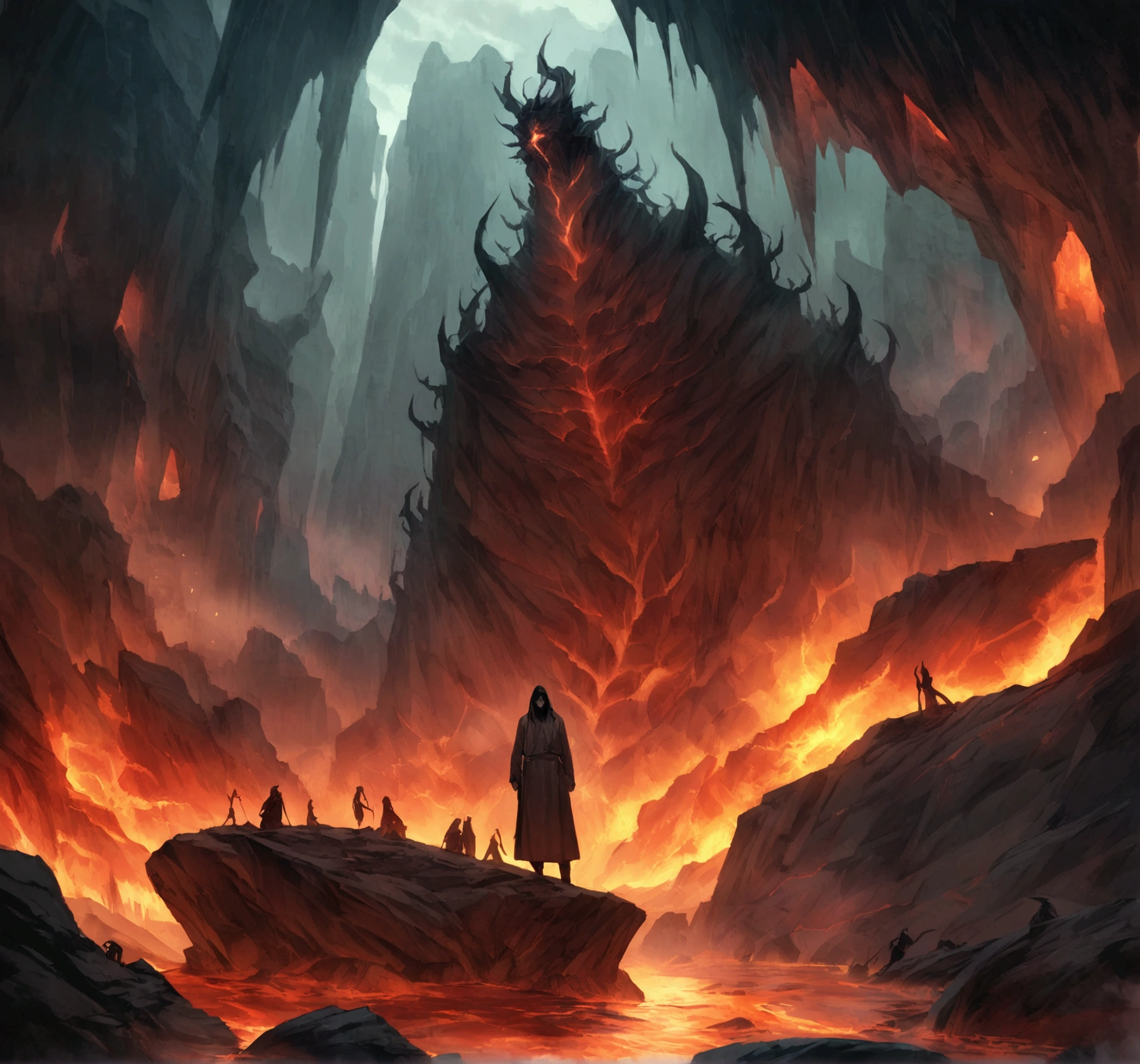 Create an image of a hospital patient in the underworld, inspired by the depictions of Hell in Dante's Inferno from The Divine Comedy. The patient is dressed in tattered hospital attire, looking lost and tormented. Surrounding him are dark, twisted landscapes filled with flames, grotesque creatures, and eerie shadows. The background features rocky, desolate terrain, with rivers of fire and towering cliffs. The overall atmosphere is chaotic and nightmarish, capturing the essence of eternal suffering and despair