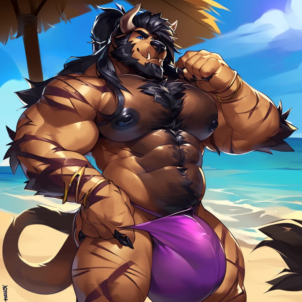 Solo, male (((behemoth, blue eyes, blue iris, black pupils, huge muscular, muscular, biceps, huge pecs, abs, black nipples, black horns, horns, black hair, facial hair, beard, long hair, brown body, brown hair, long snout, fangs, tusk, black horns, black nose, chest hair, mane, ponytail, thick hair, finger claws, clawed hands, leg scars, arm scars, arm tuff, jewelry, tail, tail tuft, purple thong, huge bulge))) standing, flexing, seductive, beach, daytime, giant, full body, perfect anatomy, by darkgem, by mystikfox61, by glitter trap boy