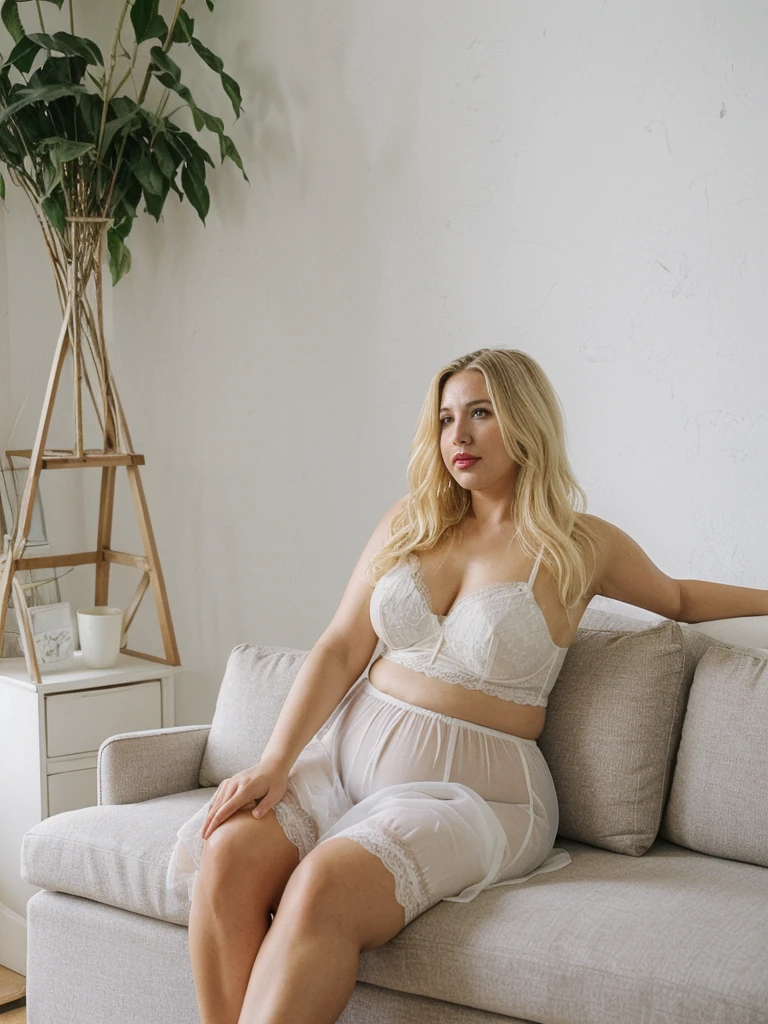 Xyrele, 1girl, solo, 30 years old, (((French face))), (((French nose))), (((French lips))), ((((chubby)))), (((wide hips))), (((blonde hair))), crinkly medium hair, wearing stylish white organza lingerie, ((Background: Loft in Russia)), ((upper body and upper legs)), leaning on a printed sofa