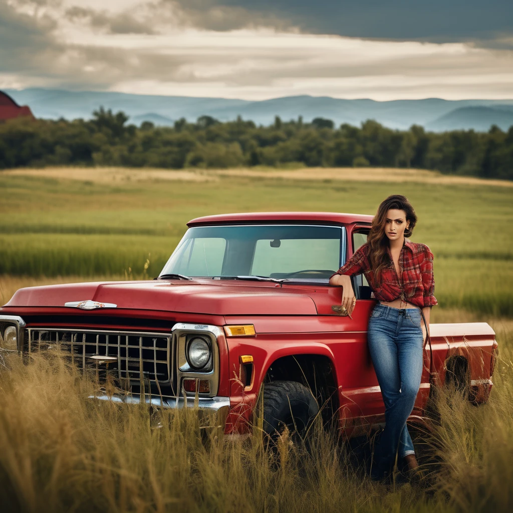 Cinematic, realistic, UHD, A stunning medium range shot photo by Steven Klein of a young supermodel in red flannel shirt and denim pants perched atop an old, weathered blue matte pickup truck. She exudes confidence and grace as she poses barefoot amidst tall wild grass. The rustic fence and quaint farmhouse in the background hint at a serene countryside setting. A majestic mountain row looms in the distance, adding depth and scale to the scene. The overall atmosphere of the photo is natural and serene, capturing the essence of a perfect summer day., photo
