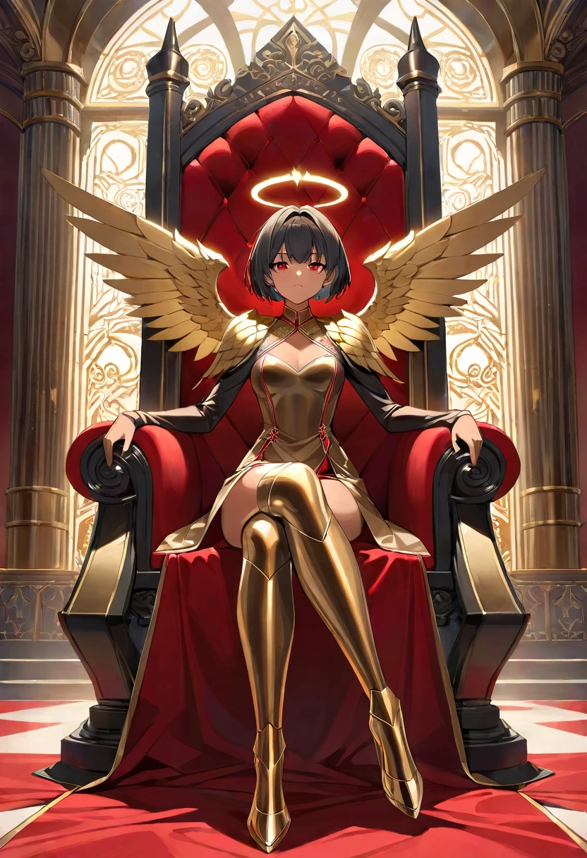 1girl, tanned skin, golden halo, black hair, very short hair, winged, bronze dress, red details, long sleeves, red eyes, palace ambience, golden aura, sitting, throne, prosthetic legs

