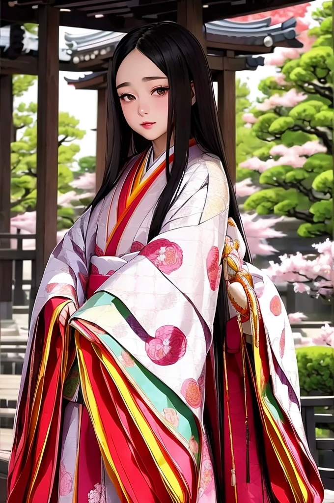(Flower-like立ち姿)、(Flower-like)、(Like flowers)、(Floral fragrance)、(Everyone is enchanted)、(Pale Cherry Blossomsの色)、(Pale red plum color)、((Highest quality、Highest quality、masterpiece、Beautiful and beautiful、There was only one beautiful woman with long, jet black hair and round, dark eyes.、A gentle gaze、Rosy Cheeks))、 (ceremonial robe of court lady from the Heian period in Japan)、imperial palace、Pale Cherry Blossoms、Pale Cherry Blossomsの花びら、Highest resolution、Highest quality、8k、Super beautiful graphics