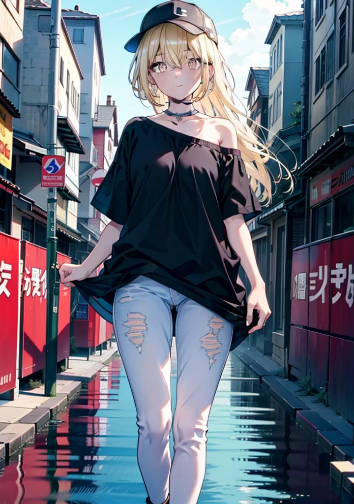 アイスWallenstein, Wallenstein, blonde, Hair between the eyes, Baseball hats, Long Hair, (Yellow Eyes:1.5),happy smile, smile, Shut your mouth.,smile,blush,Bare neck,Heart Necklace,Oversized blue one-shoulder shirt,Short sleeve,Skinny jeans,Stiletto heels,whole bodyがイラストに入るように,Walking,Daytime,Clear skies, break looking at viewer,whole body, (Cowboy Shot:1. 5) break outdoors,Building district, break (masterpiece:1.2), Highest quality, High resolution, unity 8k wallpaper, (shape:0.8), (Beautiful and beautiful eyes:1.6), Highly detailed face, Perfect lighting, Extremely detailed CG, (Perfect hands, Perfect Anatomy),