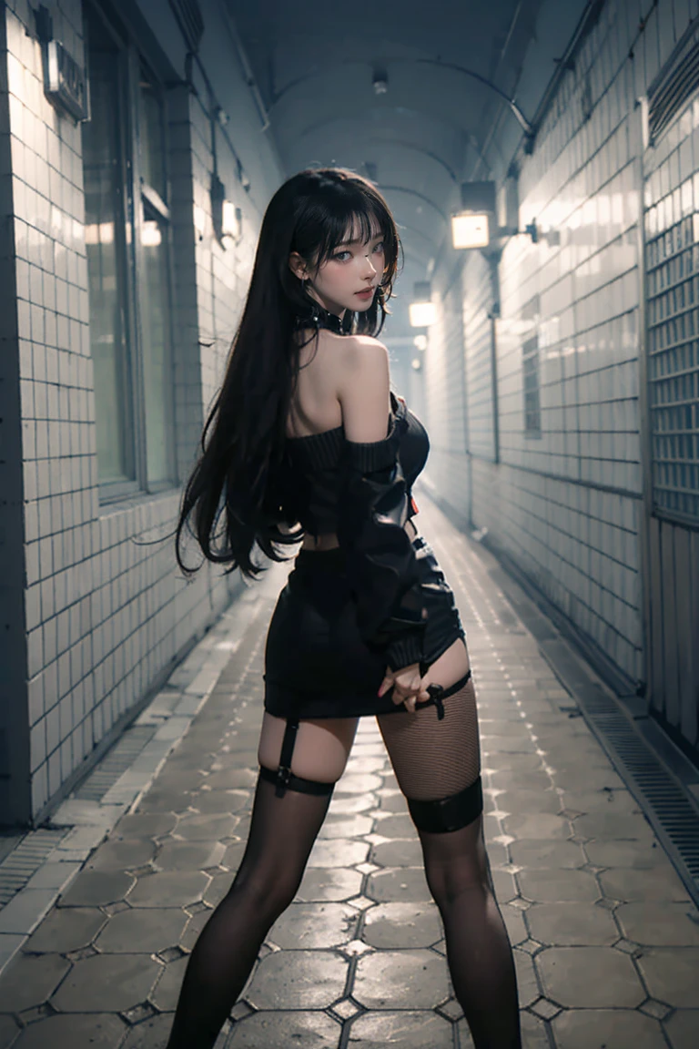 Looking at the camera,(((Highest quality, 8k, masterpiece))), Sharp focus, (Beautiful woman with perfect figure), thin, (Hairstyle: Excellent)), ((Back alley at night)), street: 1.2 非常に詳細な顔と肌の質感詳細な目double eyelidランダムな姿勢, Realistic Face, double eyelid,smile, Cyberpunk City , At sunset , Beautiful Teeth , Thigh straps, Wear a leather jacket、Off-the-shoulder sweater、Grey vertical rib sweater dress、Fishnet tights、garter belt、Night view、