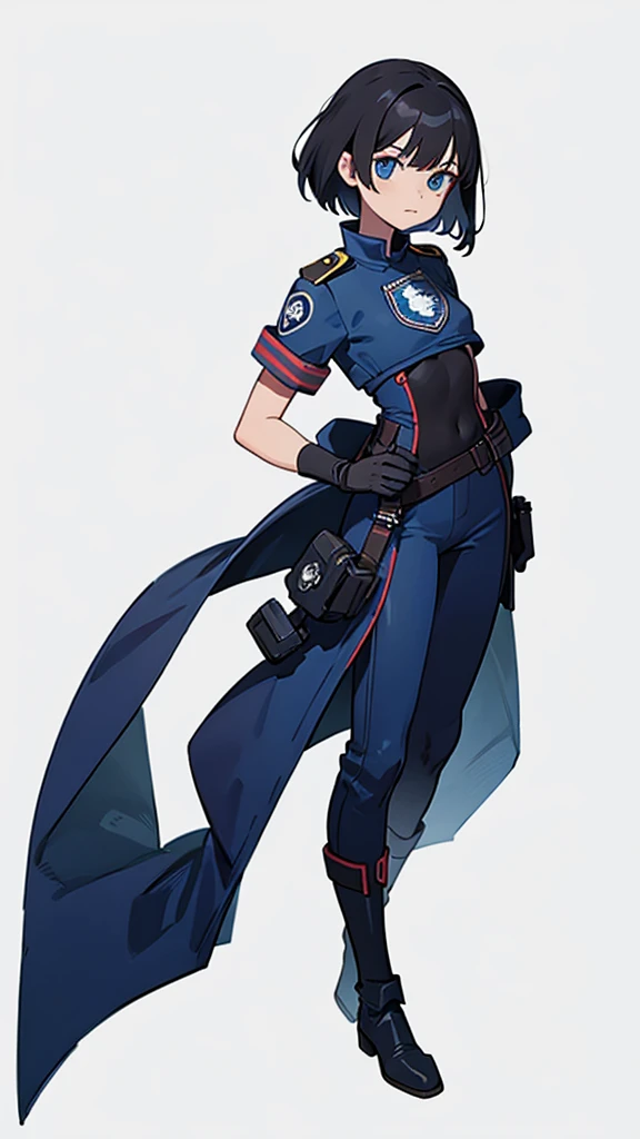 1,An android that resembles a human,Deep blue eyes,Short black hair,Dark blue uniform,Island symbol on chest,Red armband on right arm,gloves,Dark blue pants for easy movement,Many side pockets,Black leather boots,badge,White background,whole body,Character portrait,
