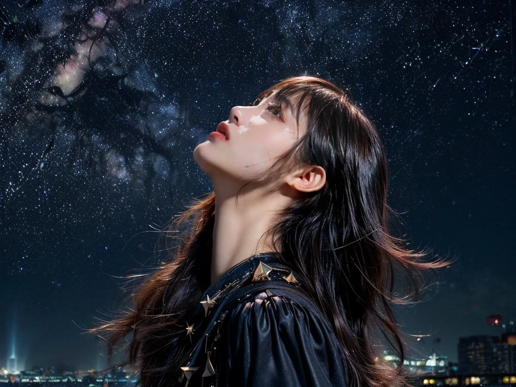 minimum, harmony, aesthetic, fantastic scene, Dystopia, (night, Starry Sky:1.4), Broken Building, Sky full of stars, Beautiful night sky, Girl looking up at the sky, 24-years-old, slender, Medium Hair, bangs, (Gothic_Punk:1.2), upper body, masterpiece, best quality, RAW Photos, photorealistic, depth of field, candytt