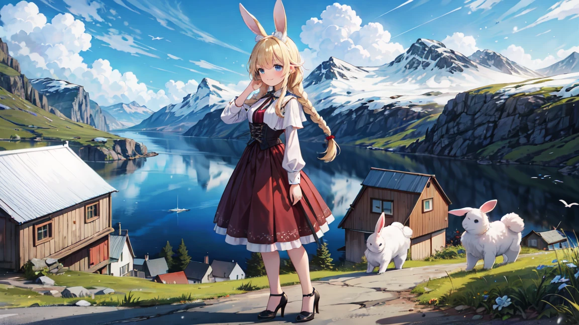 "A beautiful Norwegian bunny girl, wearing an outfit inspired by traditional Norwegian bunad. She has long blonde hair styled in simple braids, blue eyes, and a friendly smile. The outfit includes a corset with elements of a bunad, featuring intricate embroidery and colors like blue, red, and white, matching high heels, and a pair of fluffy white bunny ears adorned with small traditional Norwegian accessories. She is standing in a picturesque Norwegian landscape with fjords, mountains, and wooden houses in the background. The atmosphere is serene and culturally rich, capturing the essence of Norwegian heritage."