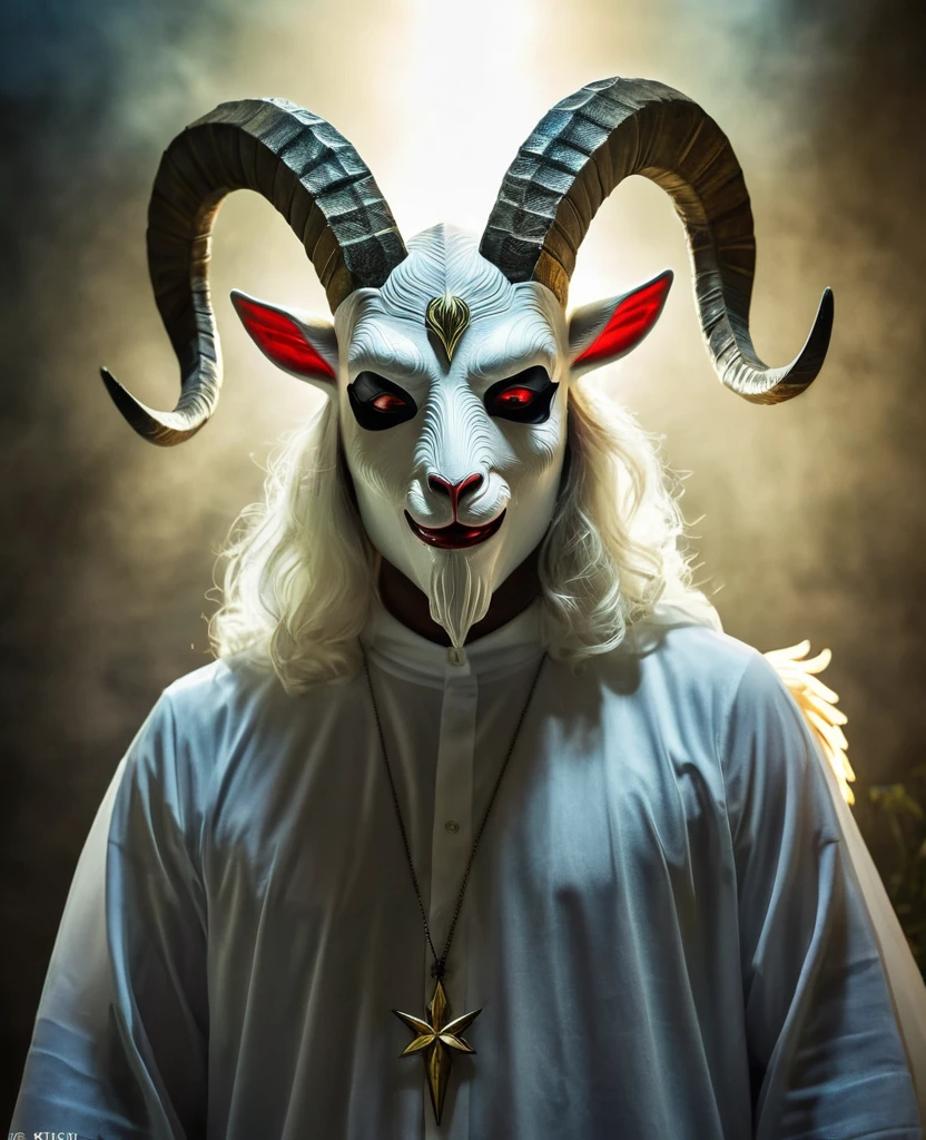 creature with goat mask, angel, devilish style, Holy Light,