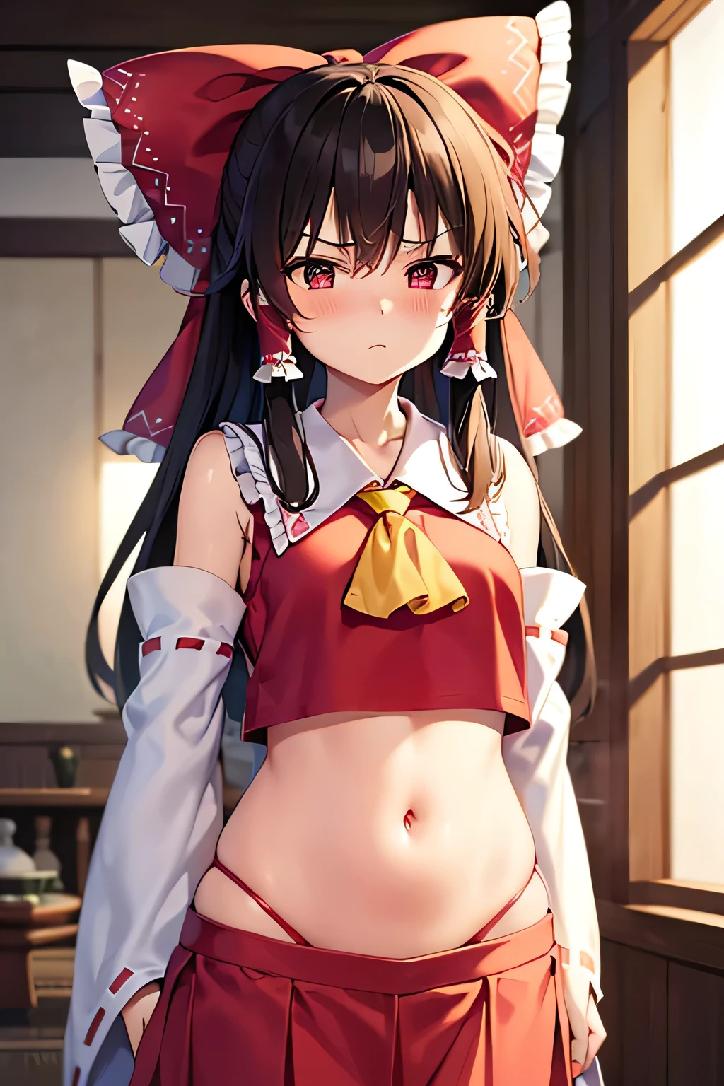 super fine illustration, vibrant colors, masterpiece, sharp focus, best quality, depth of field, cinematic lighting, ultra detailed, blush, annoyed, belly button, navel , tummy, shrine maiden, hakurei reimu, 1girl, hair bow, ascot, hair tubes, detached sleeves, looking down, red shirt, red skirt, very long hair, very messy hair, dark brown hair, indoors, mature woman, ,hakurei reimu, 1girl, hair bow, ascot, hair tubes, miko, detached sleeves,Reimu Hakurei, long skirt,