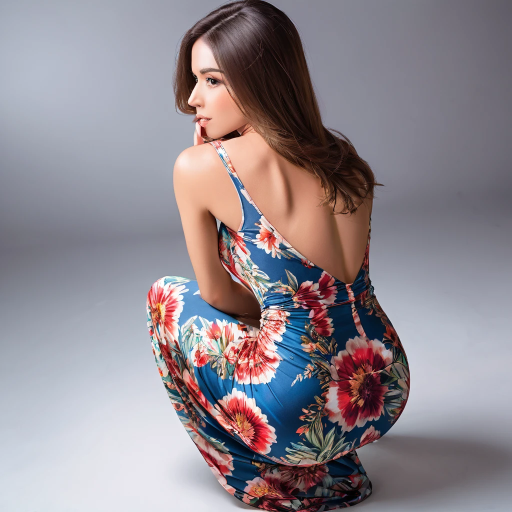 woman squatting on her knees in a maxi dress, bodycon dress, rear view angle fully