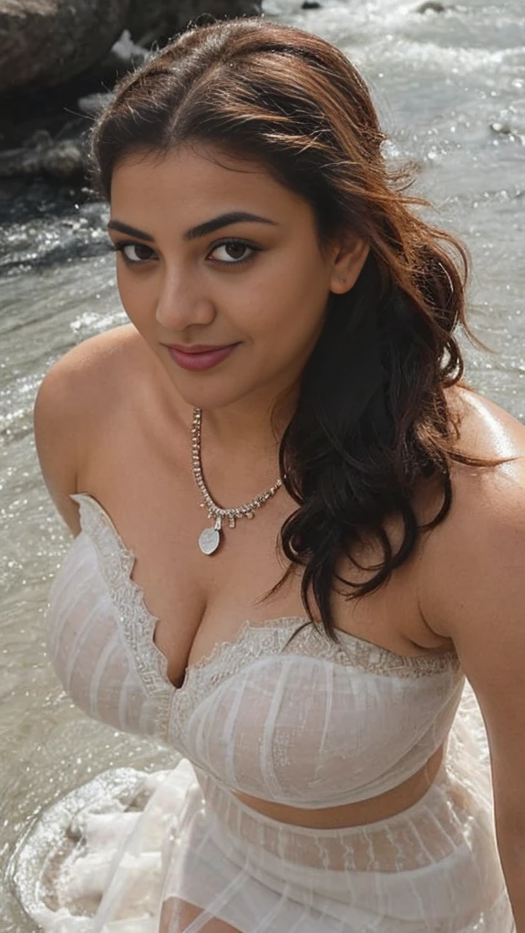 extreme close up photo of sexy indian, front view, curvy, swooping nued breasts, deep cleavage, wet white see through lace strapless dress, floating on river, waterfalls, birds, animals, elephant, French braid hair, necklace, subtle smile, seductive eyes, sultry