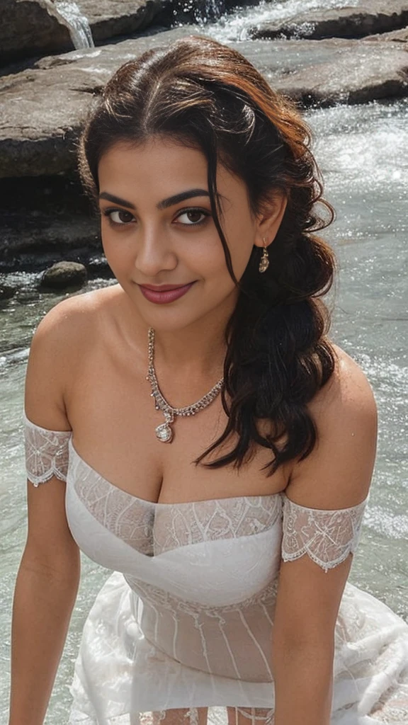 extreme close up photo of sexy indian, front view, curvy, swooping nued breasts, deep cleavage, wet white see through lace strapless dress, floating on river, waterfalls, birds, animals, elephant, French braid hair, necklace, subtle smile, seductive eyes, sultry