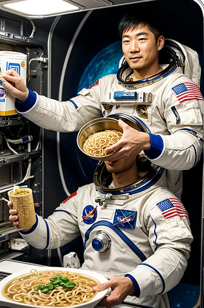 Astronaut eats instant noodles