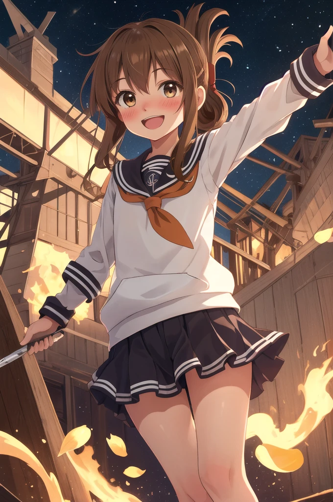 Highest quality, masterpiece, High resolution, alone, {inazuma_Fleet Collection:1.15}, brown_hair, Folded_ponytail, brown_eye, length_hair, blush, Open_mouth, smile