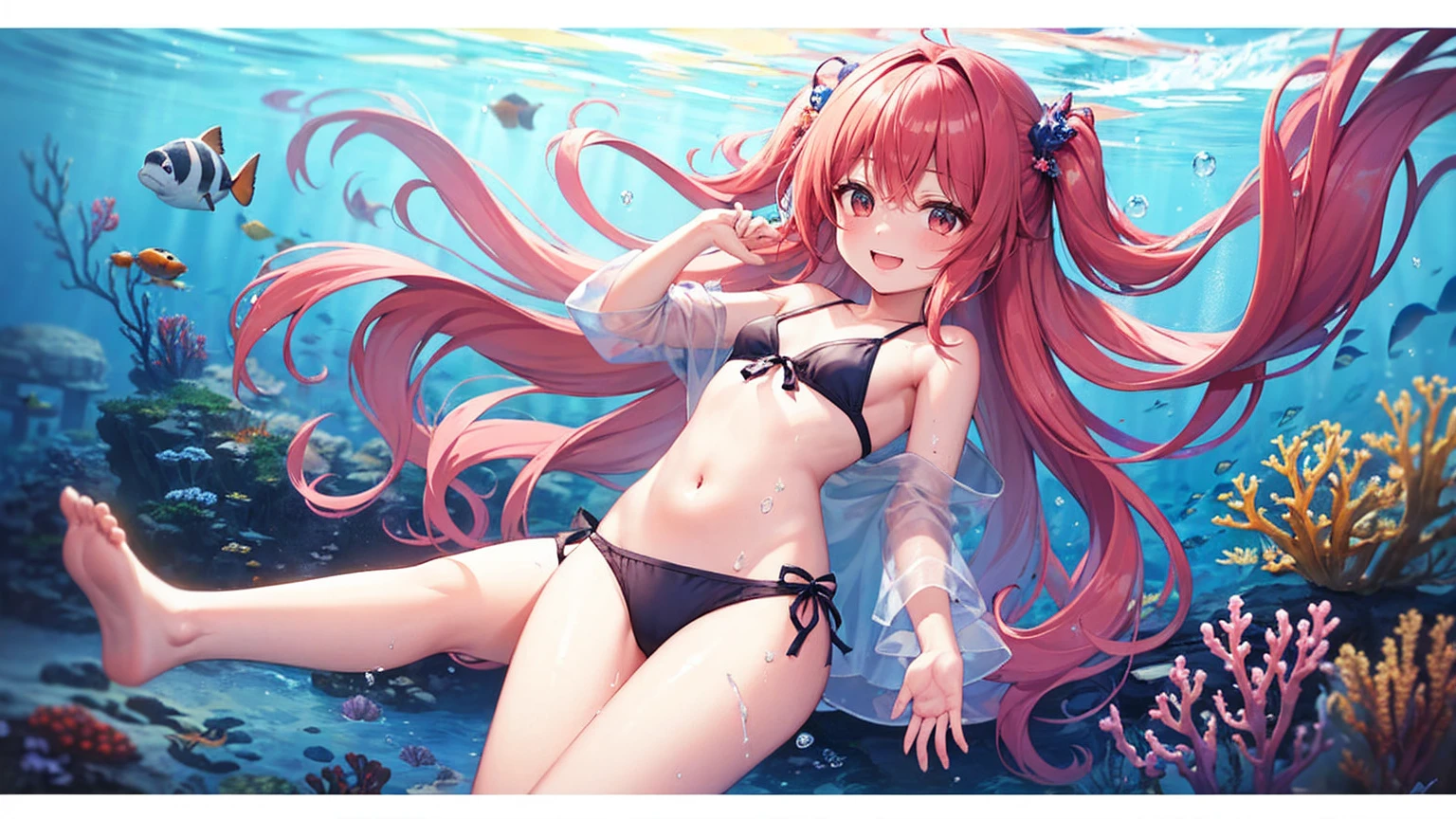 Highest quality, 8k, I am 、Fluffy long hair、Swimwear、My whole body is wet、topless、smile、((Under the sea)),