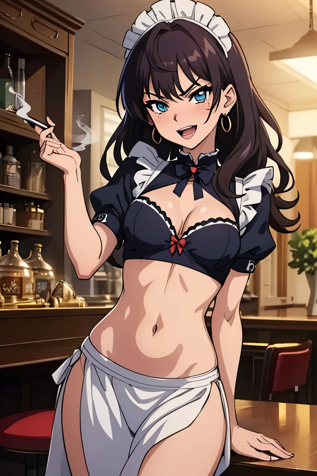 ichinose_shiki, blue eyes, (medium breasts:1.5), wavy hair, brown hair, (purple hair:0.5), earrings, jewelry, long hair, blush, lipstick, Hot girl, baddie, staring, glaring, bad attitude, mean girl, dare, angry, hate, crazy, smoking, sensual, attractive, jewelry, earrings, complex detailed background, casino environment, fancy interior environment, rich
interior, masterpiece, best quality, highly detailed, a anime girl in maid uniforms, holding pistol, maid
outfit, cleavage, evil smile, smile, open mouth ,ecchi anime style, anime girls, ecchi style, ecchi, digital
anime art!!, in anime style, official artwork, (nsfw) not safe for work, beautiful anime maid girl, anime
style 4 k, micro skirt, exposed belly, exposed navel, exposed midriff, exposed lower belly, holding a gun