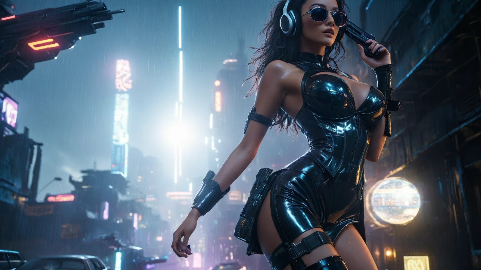 8k, Realistic Skin Texture, Realistic Photo, Neo Tokyo, slim women, large-breast:1.3 cleavage:1.2, AD2050 at night, Dirty hunting jacket, Wearing tube top, miniskirt, (((black sunglasses, automatic rifle, sneakers, cold, shooting pose, very low angle view))), Innovative composition, revenge, cyberpunk, blade runner worldview, Large neon sign, Geisha hologram sign, Strong Wakamoto Sign.