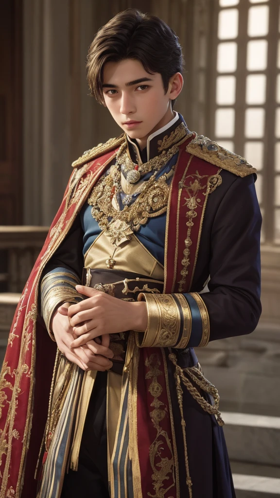 A young 18 year old man with a prince&#39;s crown and blue eyes and angelic face in a beautiful castle