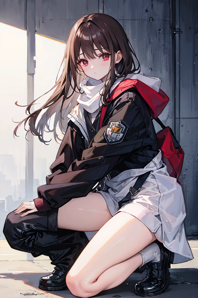 masterpiece,The best quality at its best、Lightless Eyes、Lightweight coat、Leather shoes、Brown Hair、rain、Red eyes、Eyes are thin、Wet Hair、Long back hair、Eyes like dead、The bangs are long enough to cover the eyes、whole body